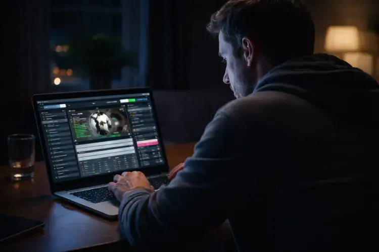 Australian man using a laptop late at night while accessing an online betting account, highlighting concerns around gambling self-exclusion enforcement.