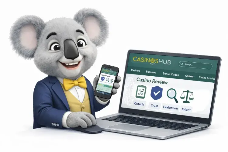 CasinosHub koala mascot showing a casino review on both desktop and mobile, highlighting review criteria, trust, and evaluation for Australian players.