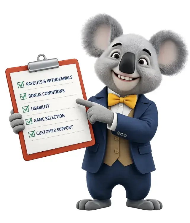 CasinosHub koala mascot holding a checklist showing payouts, bonus conditions, usability, game selection, and customer support.