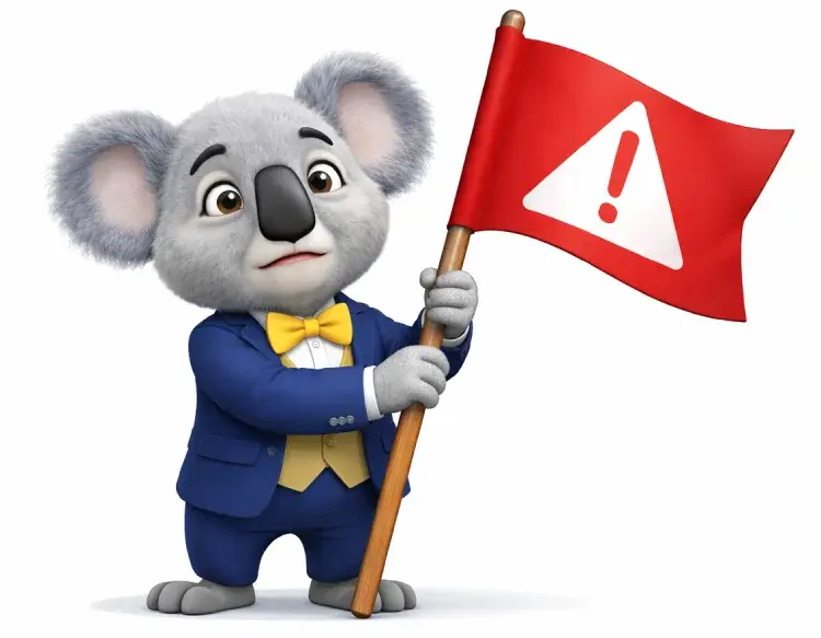 Casinoshub's Koala mascot highlighting warning signs to watch for when choosing an online casino.