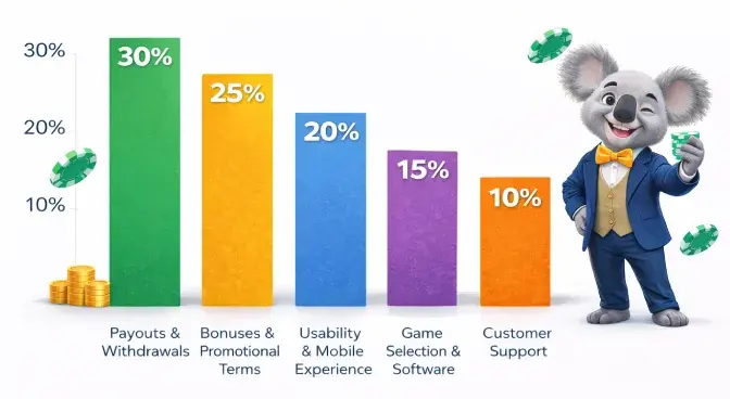 A chart showing how Australian online casino review ratings are calculated at casinoshub.
