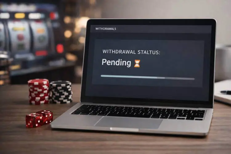 Laptop showing a pending online casino withdrawal status.