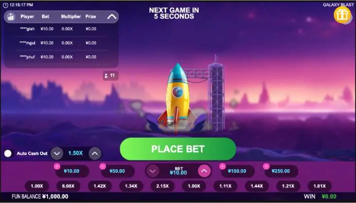 Galaxy Blast Crash Game Bet Screen