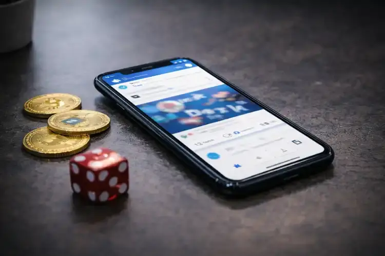 Smartphone showing a social media feed beside cryptocurrency coins, illustrating concerns around crypto casino promotions on social platforms.
