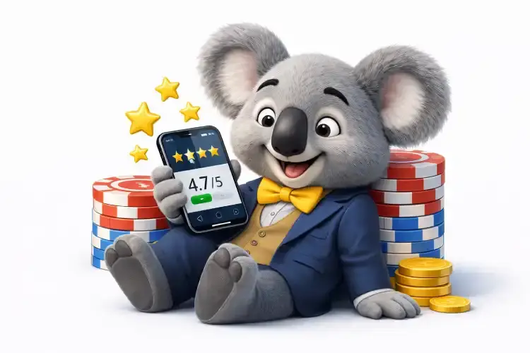 CasinosHub mascot checking new online casino star ratings on mobile, with casino chips.