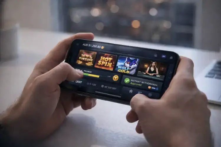 Person playing on a new online casino mobile platform showing features like instant withdrawal and live games.