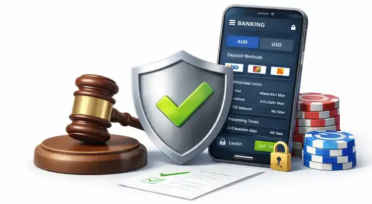 New online casino screening process showing banking transparency on a mobile interface, security shield, licensing gavel, and casino chips on a white background.