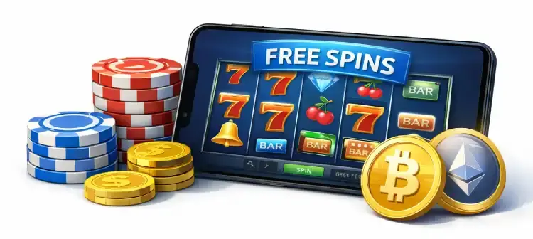 New online casino welcome bonus illustration showing free spins on a mobile slot game, casino chips, and Bitcoin and Ethereum coins on a white background.
