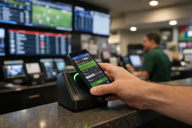 Customer using smartphone to place in-play sports bet at licensed Australian venue terminal